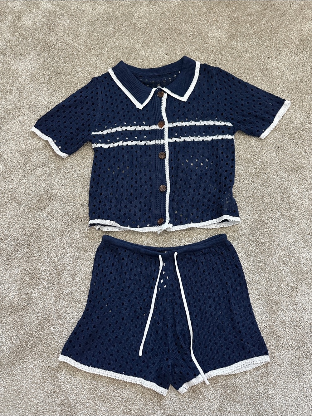 SHEIN Navy and White Knit Two-Piece Swim Coverup Set
